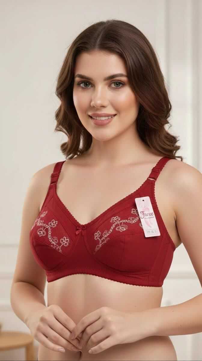 Velora Maroon Cotton Embroidered Bra for Women