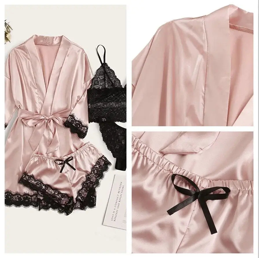 Premium Satin Lace 4-Piece Nightwear Set for Women