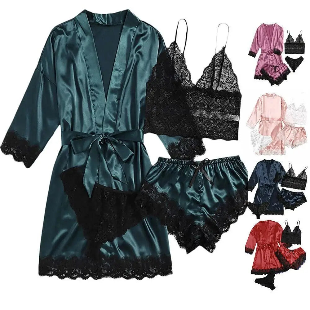 Premium Satin Lace 4-Piece Nightwear Set for Women