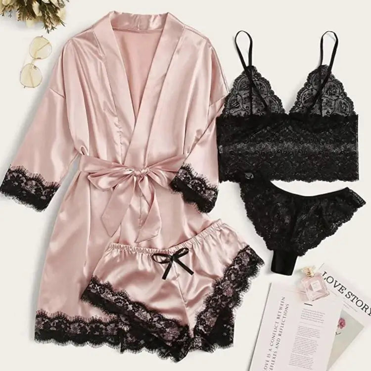 Premium Satin Lace 4-Piece Nightwear Set for Women